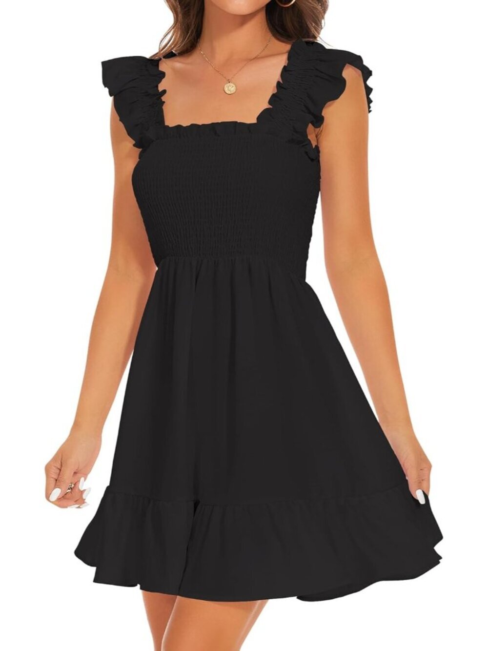 Women's Black Smocked Dresses Square Neck Elegant Tiered Boho Ruffle Shoulder